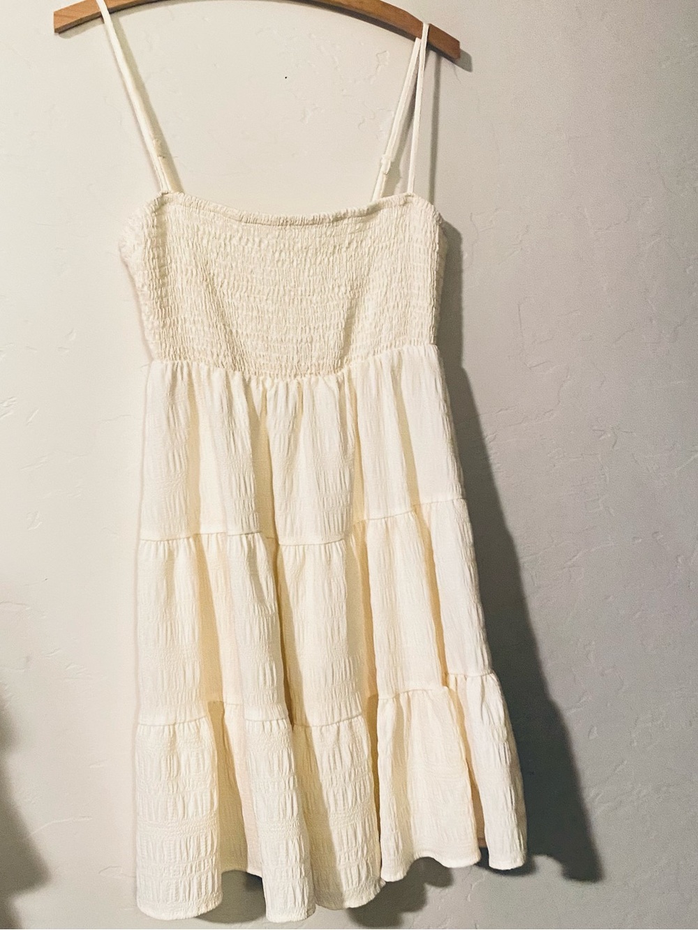 Cute Cream Smocked Tiered Mini Sundress with Adjustable Straps